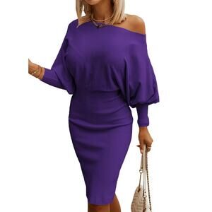 Dokotoo Womens Elegant Off Shoulder Long Lantern Sleeve Sweater Dress Bodycon L